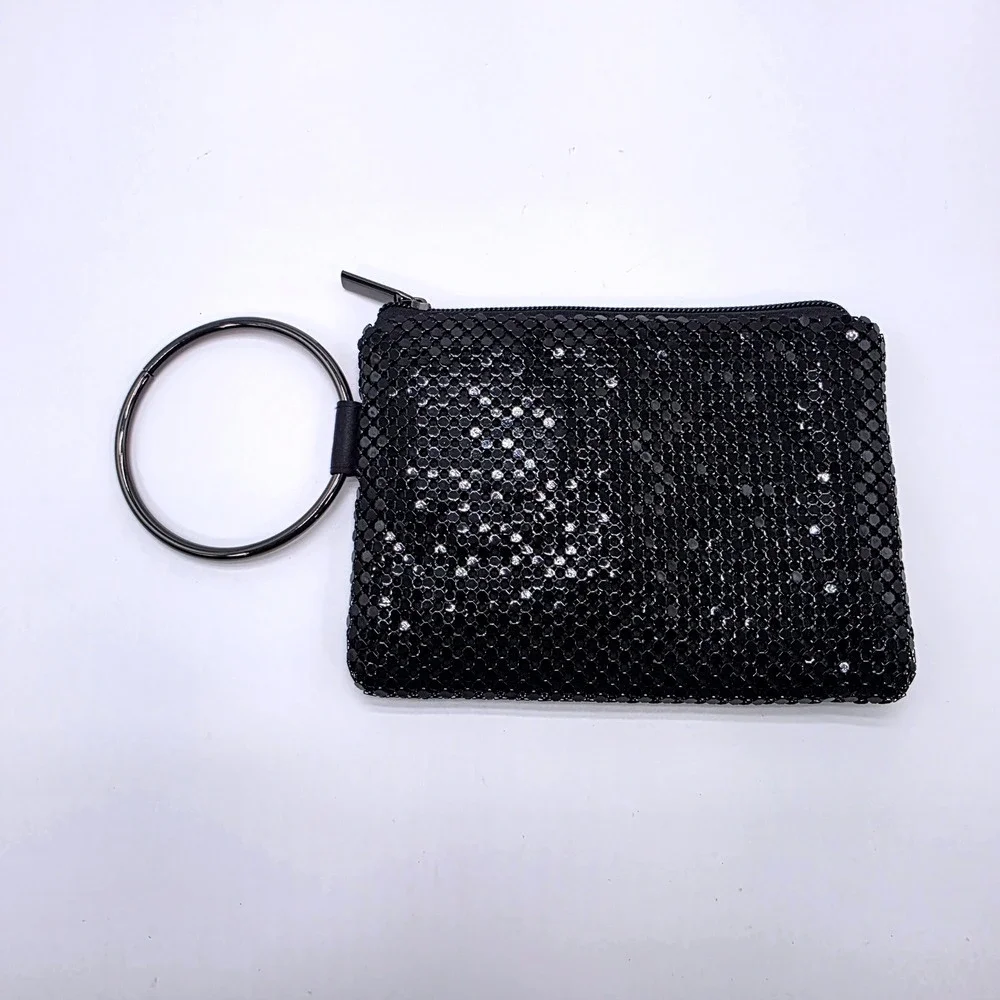 Black Metal Mesh Ring Handle Wristlet Clutch Evening Bag Zipper Closure